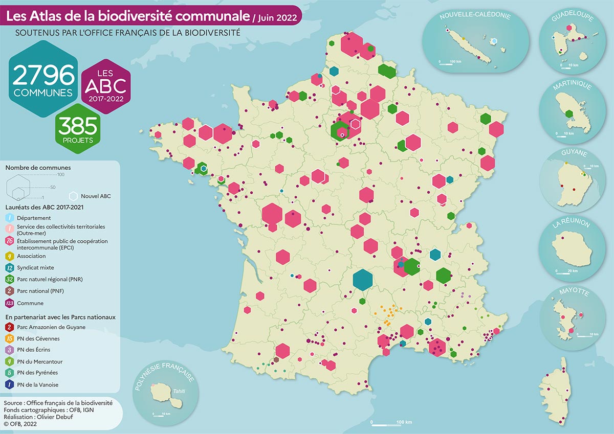 Carte des Atlas de la biodiversité communale soutenus par l’OFB / juin 2022 