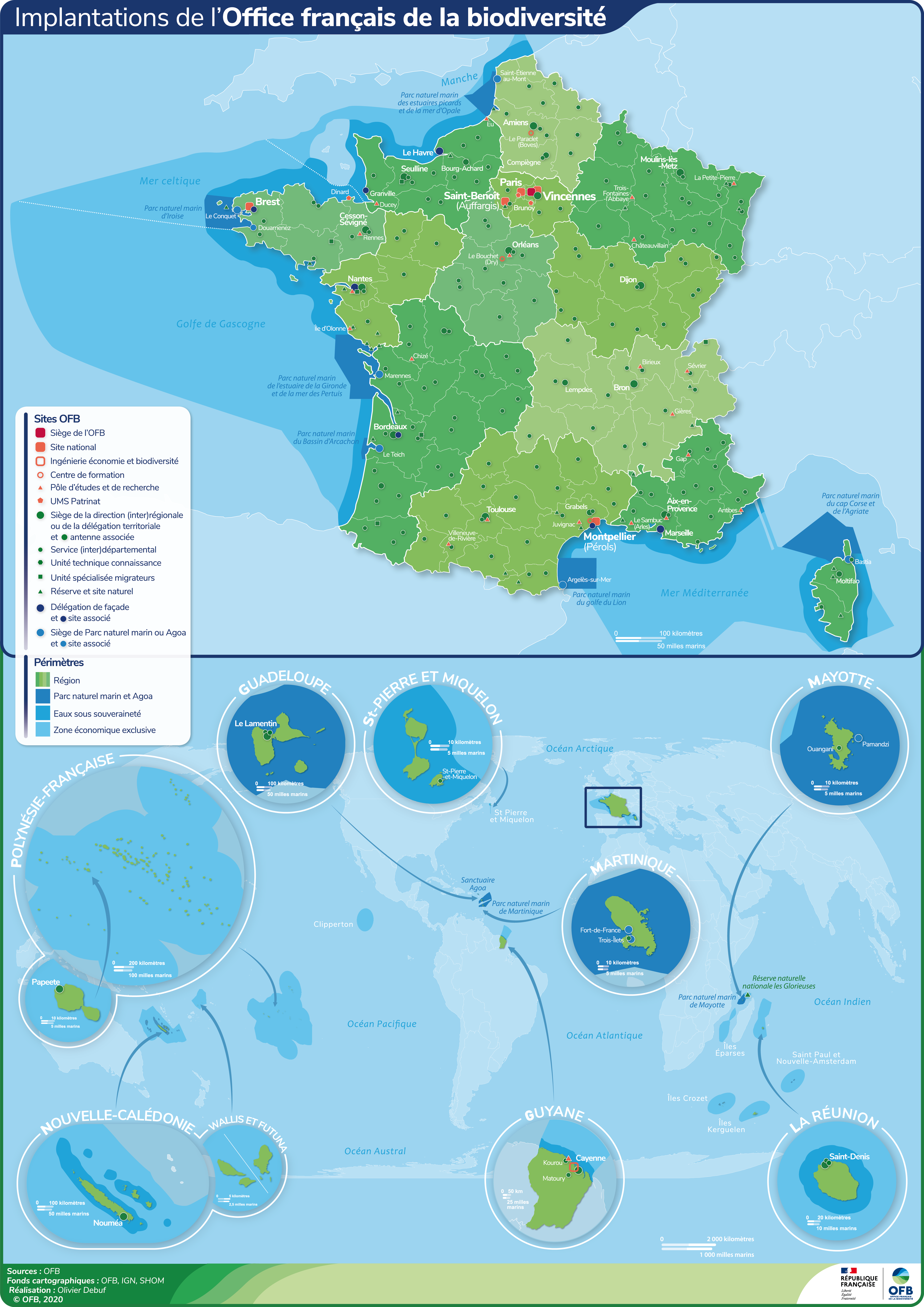 Carte de l'implantation de l'OFB en métropole et en Outre-mer