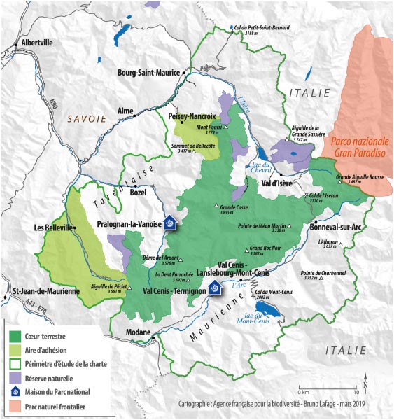 Carte du Parc national de la Vanoise -  Réalisation Bruno Lafage/ OFB