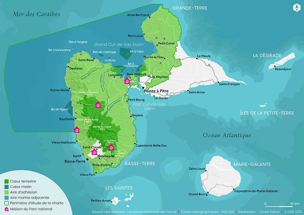 Carte du Parc national de la Guadeloupe -  Réalisation Olivier Debuf / OFB