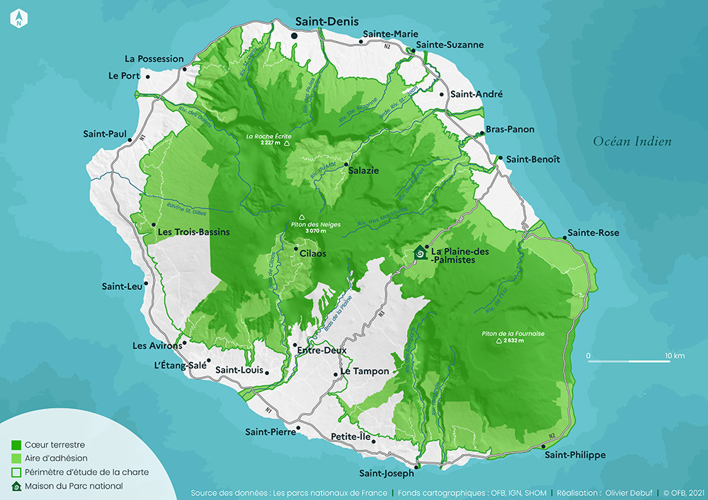 Carte du Parc national de La Réunion -  Réalisation Olivier Debuf / OFB