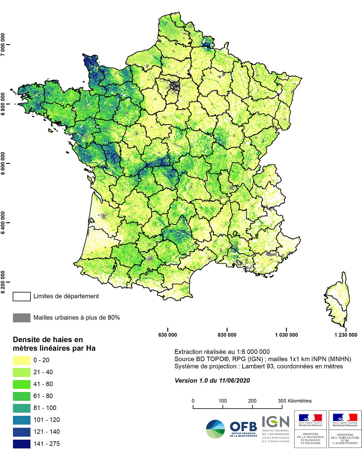 Carte de densité des haies en France métropolitaine (source Dispositif national de suivi des bocages IGN/OFB) 