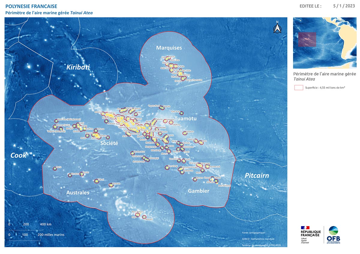 Périmètre de l’aire marine gérée Tainui Atea : fonds cartographique : GEBCO : bathymétrie mondiale - Système de coordonnées : ESPG :4226