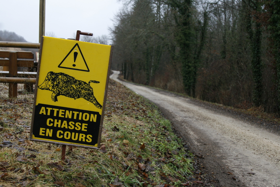 Panneau indiquant une chasse en cours. Crédit photo : Philippe Massit / OFB