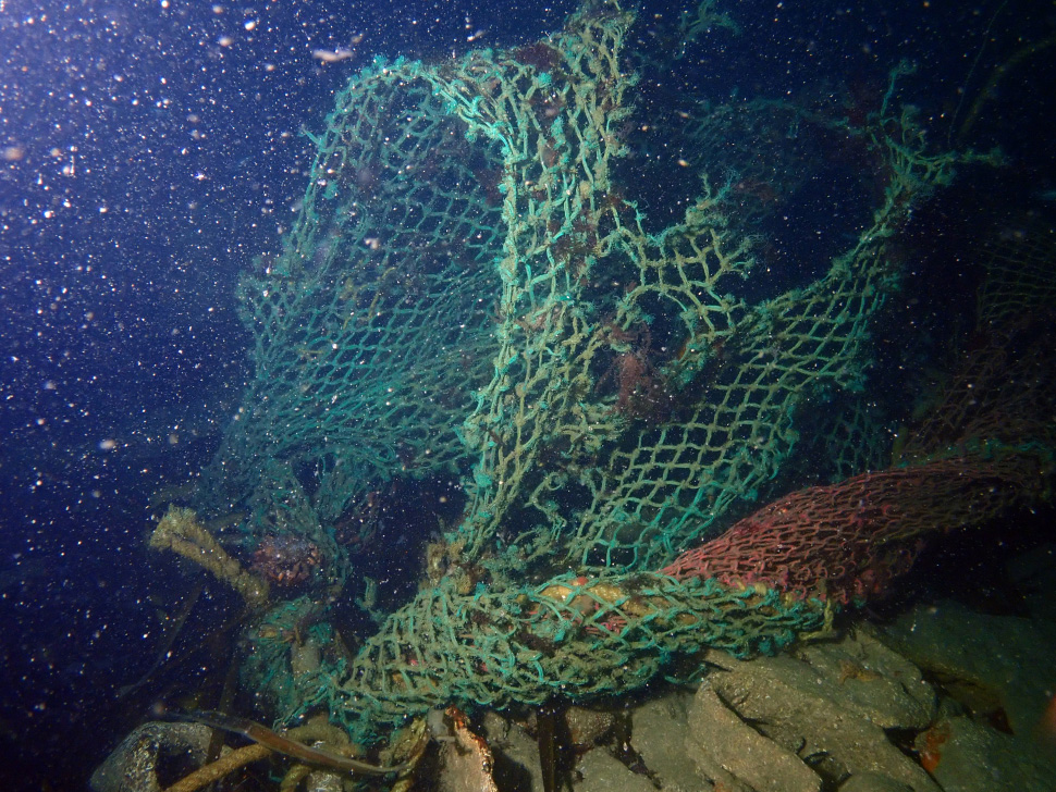 Filets perdus en mer, continuant à capturer des poissons. L’OFB conduit un programme de récupération de ces déchets de pêche en Méditerranée. Crédit photo : Benjamin Guichard /OFB