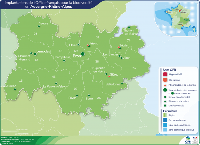 Carte de l'implantation de l'OFB en région Auvergne-Rhône-Alpes