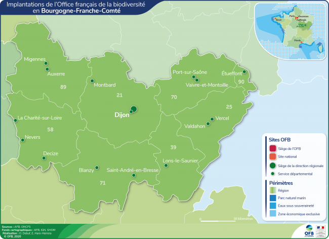 Carte de l'implantation de l'OFB en Bourgogne-Franche-Comté