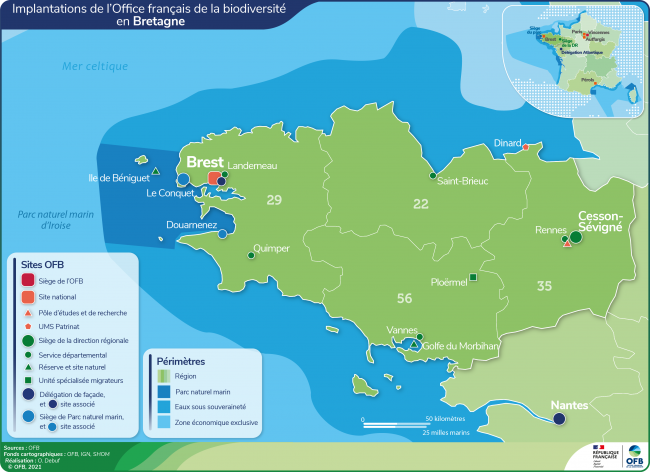 Carte de l'implantation de l'OFB en Bretagne