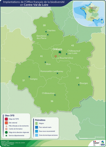 Carte de l'implantation de l'OFB en Centre-Val de Loire