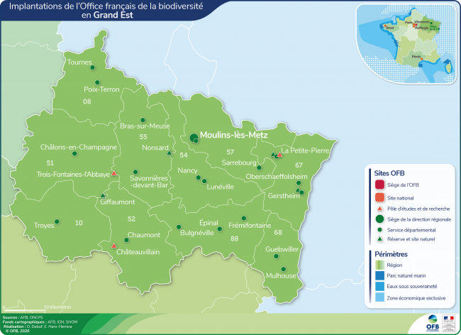 Implantations de l'OFB dans la région Grand Est