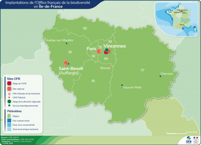 Carte de l'implantation de l'OFB en Île-de-France