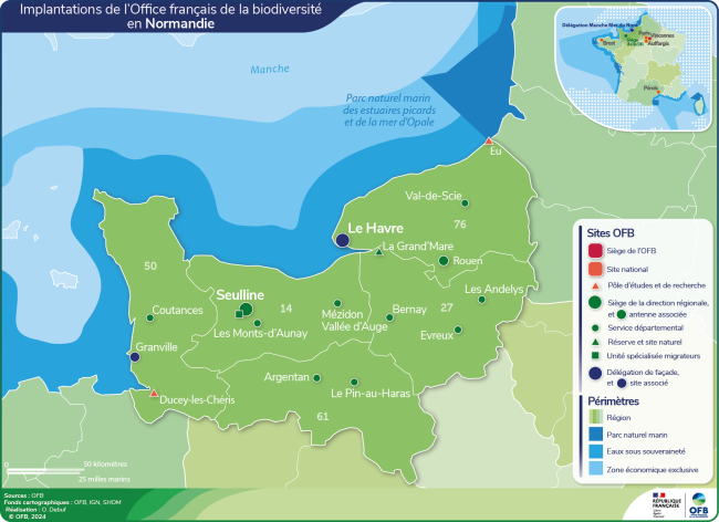 Carte de l'implantation de l'OFB en Normandie