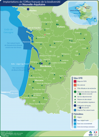 Carte de l'implantation de l'OFB en Nouvelle Aquitaine