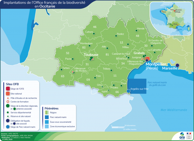 Carte de l'implantation de l'OFB en Occitanie