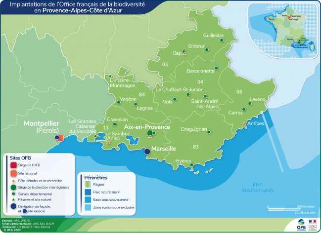 Carte de l'implantation de l'OFB en Provence-Alpes-Côte d'Azur