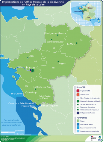 Carte de l'implantation de l'OFB dans les Pays de la Loire