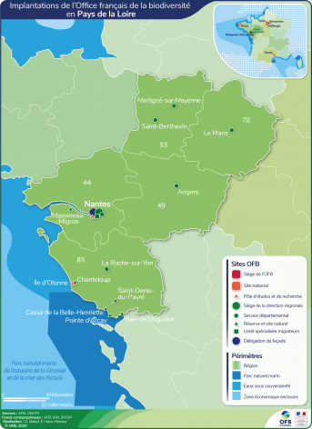 Carte de l'implantation de l'OFB dans les Pays de la Loire