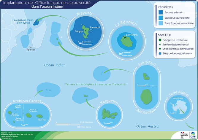 Carte de l'implantation de l'OFB dans l'océan Indien
