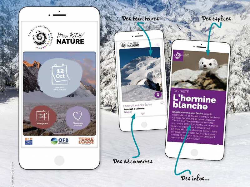 Affiche de présentation de l'application "Mon RDV nature". Réalisation : P. Saulay / Parc National des Ecrins