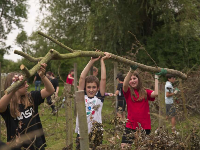 Des élèves d’une classe de sixième participent à un atelier de construction d’une haie sauvage pendant une sortie dans l’aire terrestre éducative de l'Ecoparc des Chenevières. Crédit : SIPA / G. Souvant