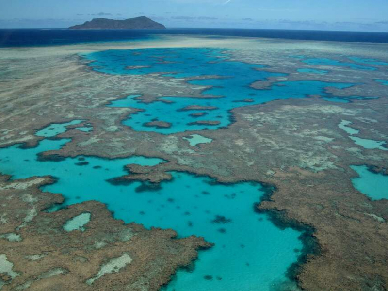 Piscines naturelles de corail du récif du Nord, près de la passe effondrée, à marée basse. En arrière-plan : l'îlot M'tsamboro. Crédit photo : Yannick Stephan / Mayotte Découverte