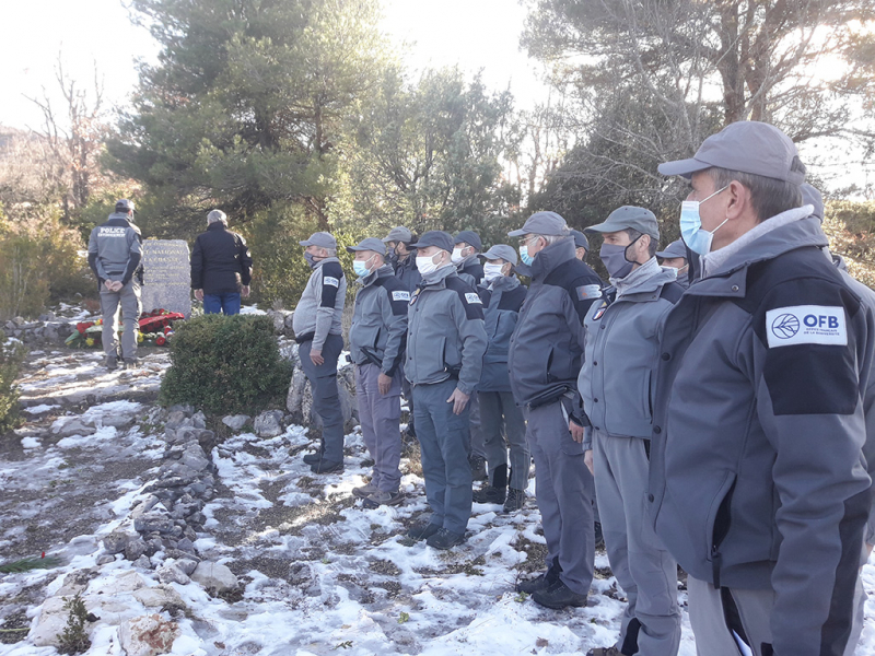 Cérémonie du 13 janvier 2021 pour les 25 ans de l'assassinat de 2 agents (Var). Crédit photo : Concha Agero / OFB
