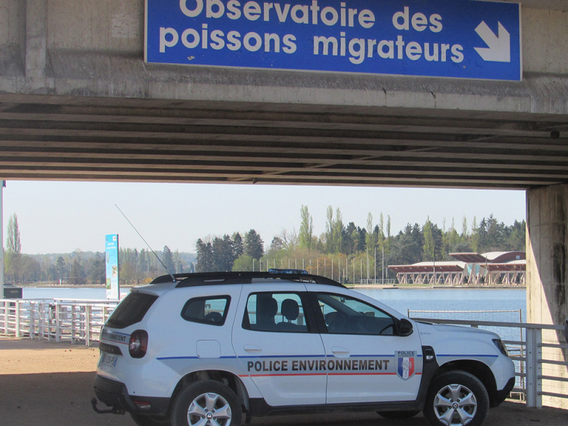 Une voiture de police de l'environnement devant le panneau de l'Observatoire des poissons migrateurs. Crédit photo : C. Benoit / OFB