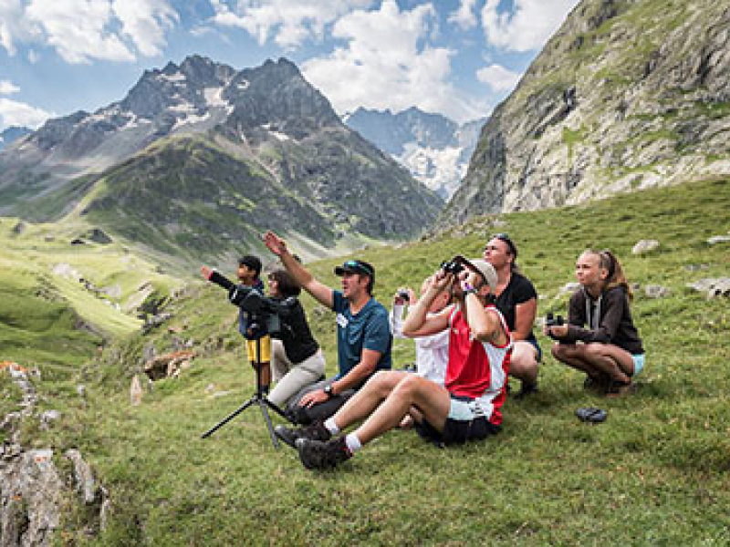 Crédit photo : Ayesta Carlos / Parc national des Ecrins - Groupe accompagné en observation vers le refuge de l'Alpe de Villar d'Arêne